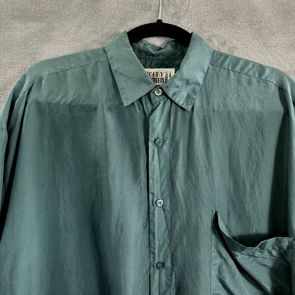 100% SILK Shirt Men Size M Green City Streets Button Down Short Sleeve 9-17 - Picture 3 of 13